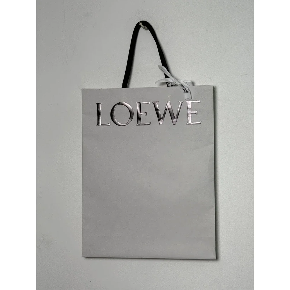 Loewe White Paper Shopping Bag Silver Foil Logo White Ribbon 11.25x14.5in